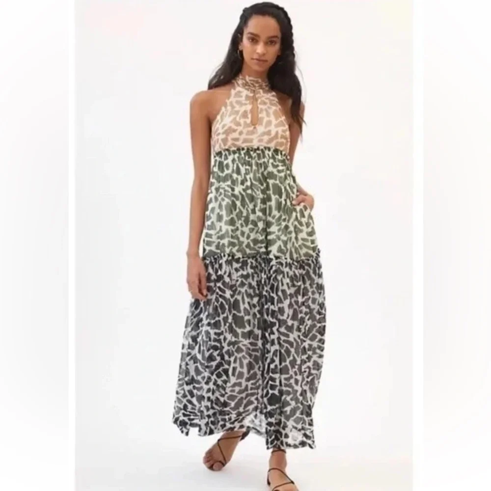 Anthropologie Maeve Keyhole Halter Animal Print Maxi Dress Tiered Size XS NWT